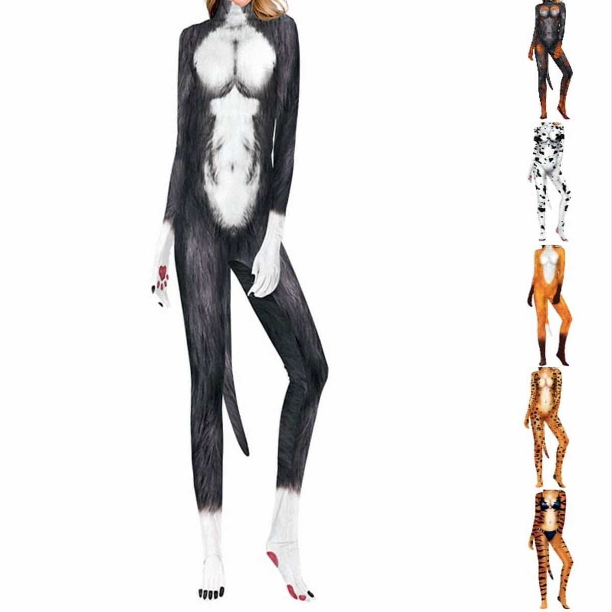 Krdevn Men 3D Animal Cosplay Bodysuit, Full‑Body Stretch Jumpsuit Costume with Tail for Halloween