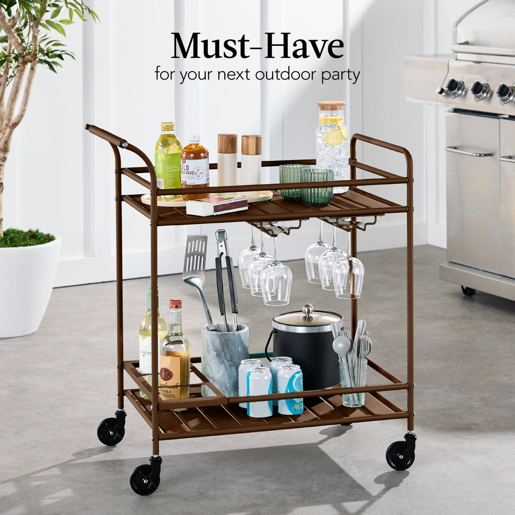 Best Choice Products 2-Tier Rolling Bar Cart Indoor/Outdoor w/ Storage Shelves, Wine Rack, Lockable Wheels - Brown