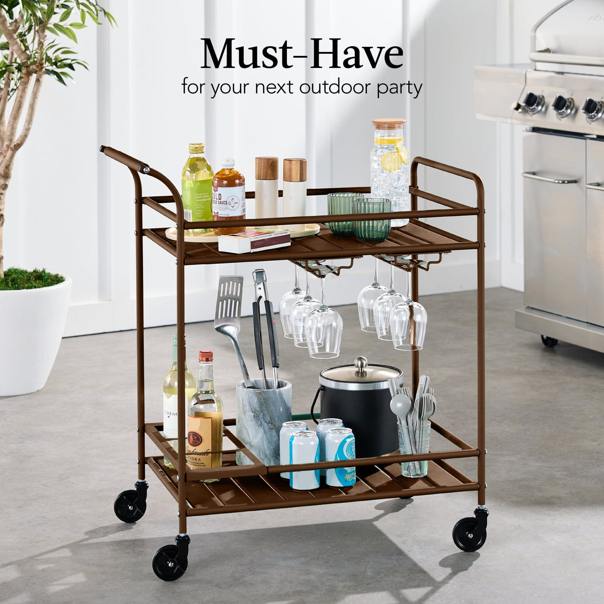 Best Choice Products 2-Tier Rolling Bar Cart Indoor/Outdoor w/ Storage Shelves, Wine Rack, Lockable Wheels - Brown