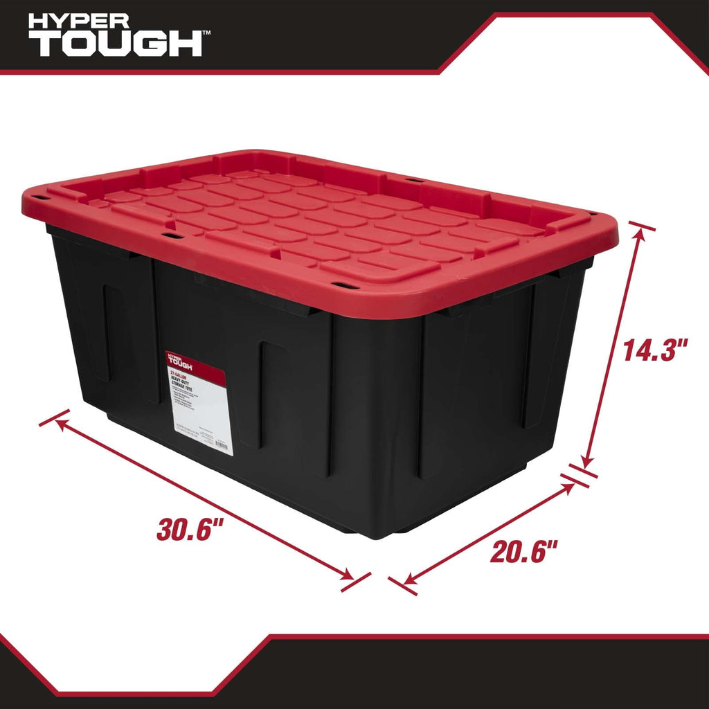 6 pack) Hyper Tough 27 Gallon Snap Lid Storage Bin, Black Base and Red Lid, Heavy-Duty Plastic Container