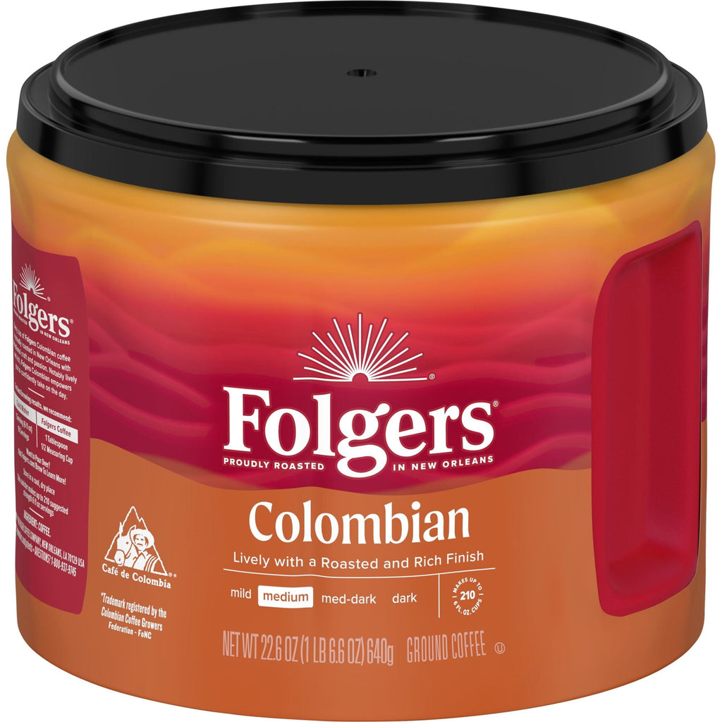 6 pack) Folgers Colombian Ground Coffee, Medium Roast, 22.6 oz Canister