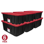 6 pack) Hyper Tough 27 Gallon Snap Lid Storage Bin, Black Base and Red Lid, Heavy-Duty Plastic Container