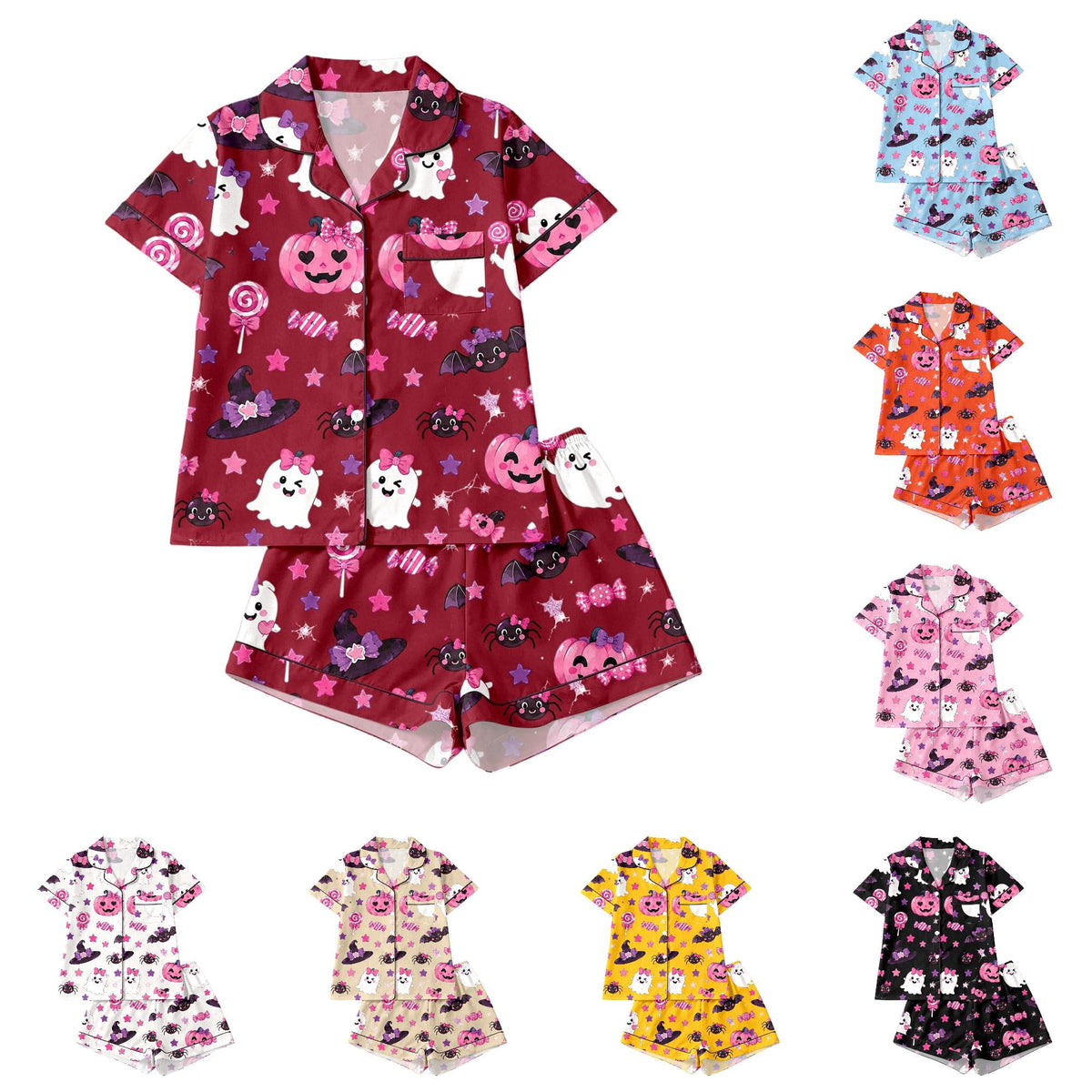 CUZIBR Girls Halloween Pajamas Sets Soft Comfortable Ghost Pumpkin Lapel Button Short Sleeve Shirt Elastic Waist Shorts 2 Pieces Sleep Loungewear Relaxed Sleepwear Outfits, Orange-C