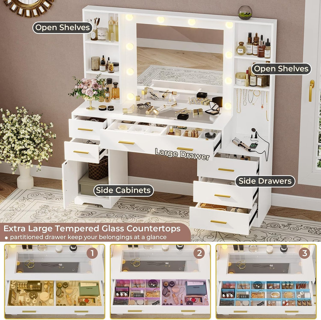 Hasuit Vanity Desk With Lighted Mirror, 48.8 in, White, 6 Drawers, 4 Shelves, 1 Storage Cabinet