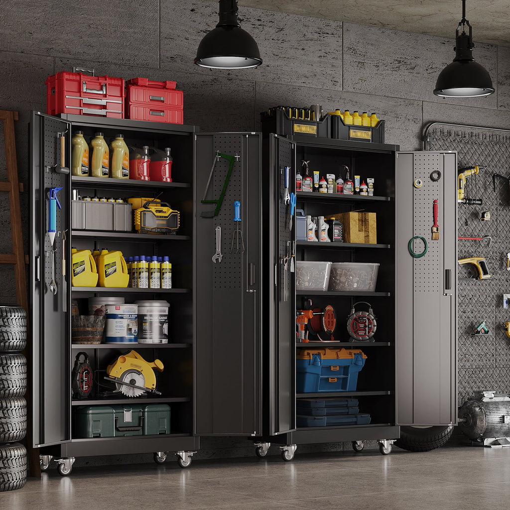HUAXRON 71 inches Tall Metal Rolling Garage Storage Cabinets with Locking Doors and 5 Adjustable Shelves, Metal Storage Cabinet for Garage, Office