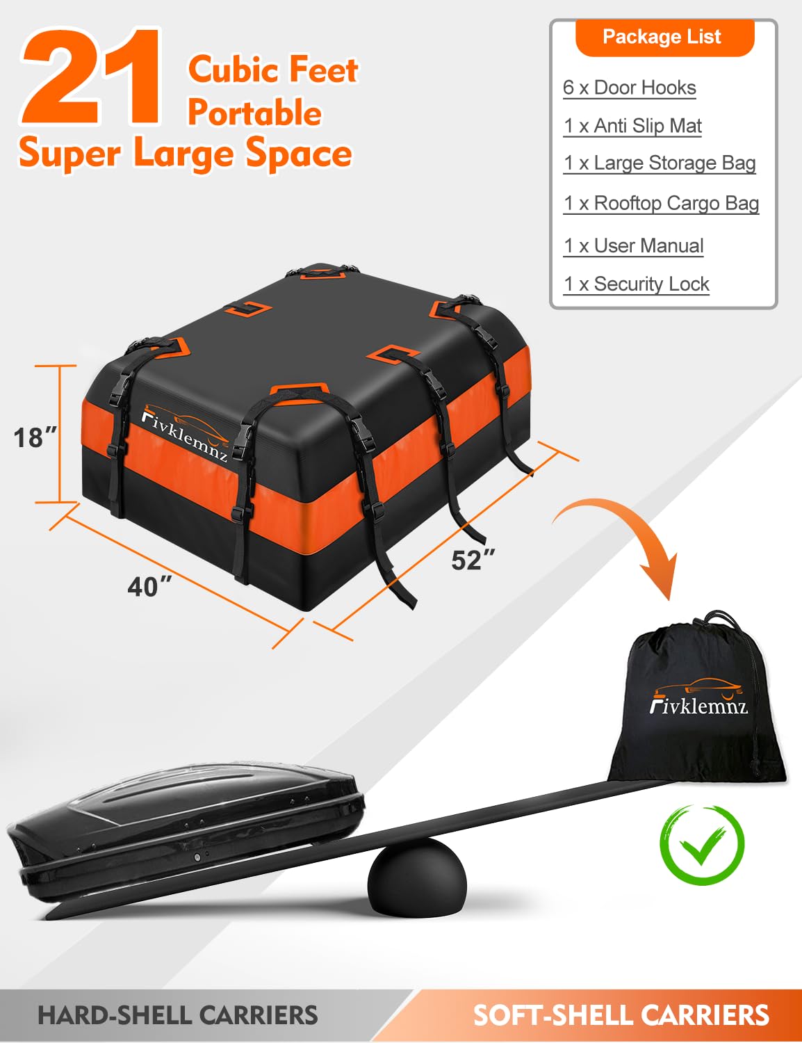 21 Cubic Rooftop Cargo Carrier Waterproof Soft Car Roof Bag