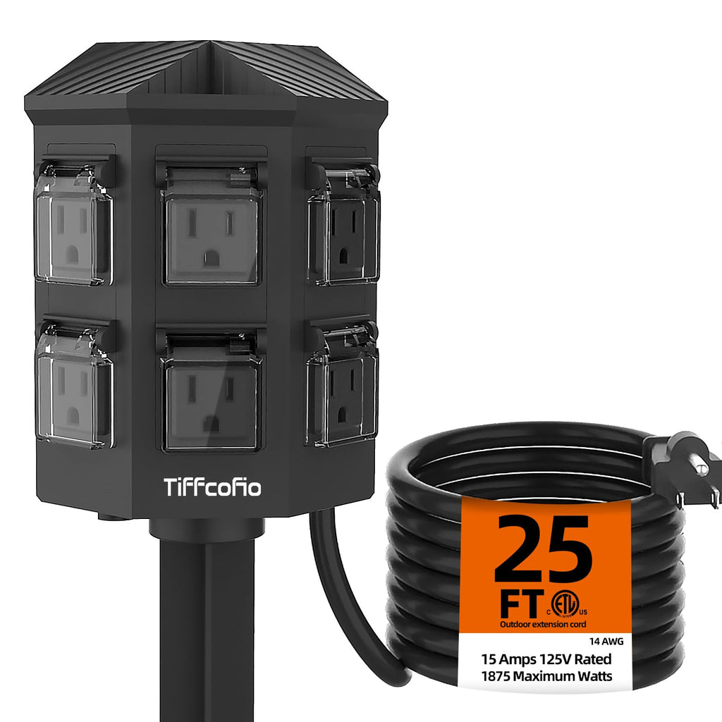 Outdoor Power Strip Weatherproof, 25 FT Extension Cord with Stake, 6 Grounded Outlets for Halloween and Christmas Decorations, 15A/1875W, ETL Listed