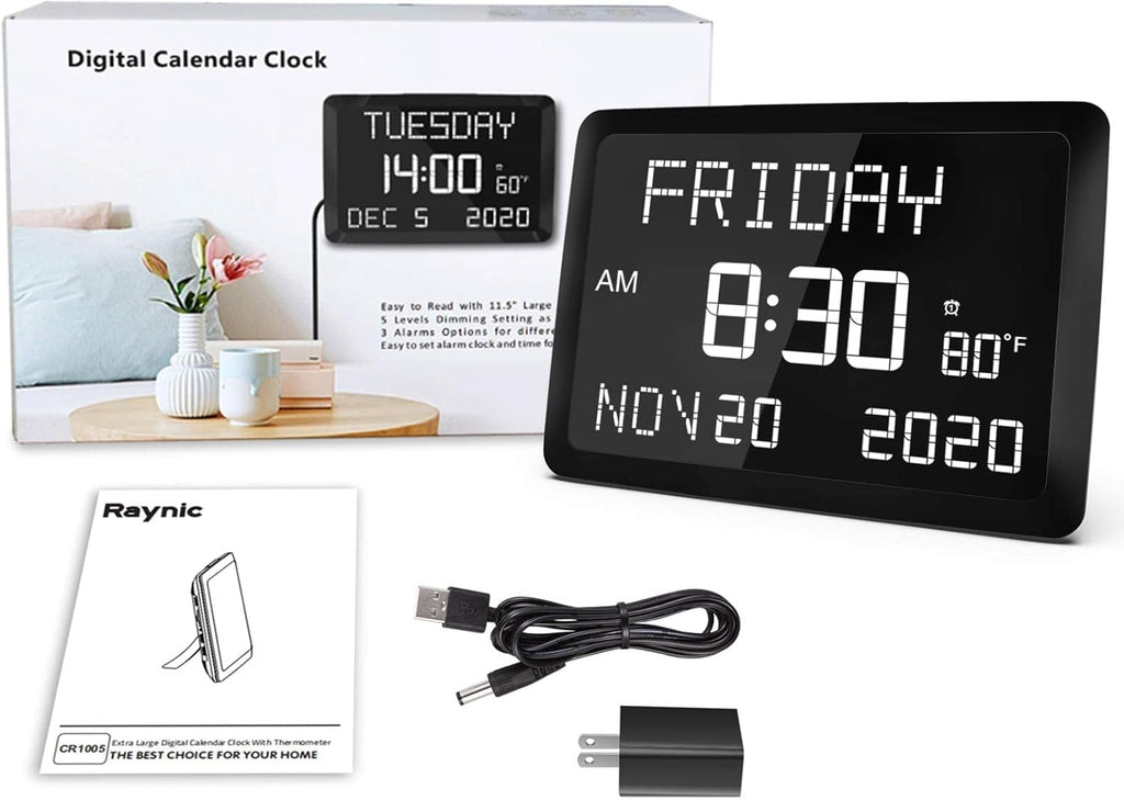 Digital Clock, 11.5" Large Display Calendar Clock with Day and Date, Indoor Temperature, Adjustable Brightness, Snooze,12/24H, DST for Home, Office