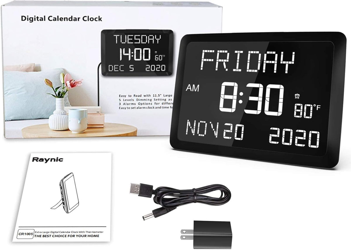 Digital Clock, 11.5" Large Display Calendar Clock with Day and Date, Indoor Temperature, Adjustable Brightness, Snooze,12/24H, DST for Home, Office