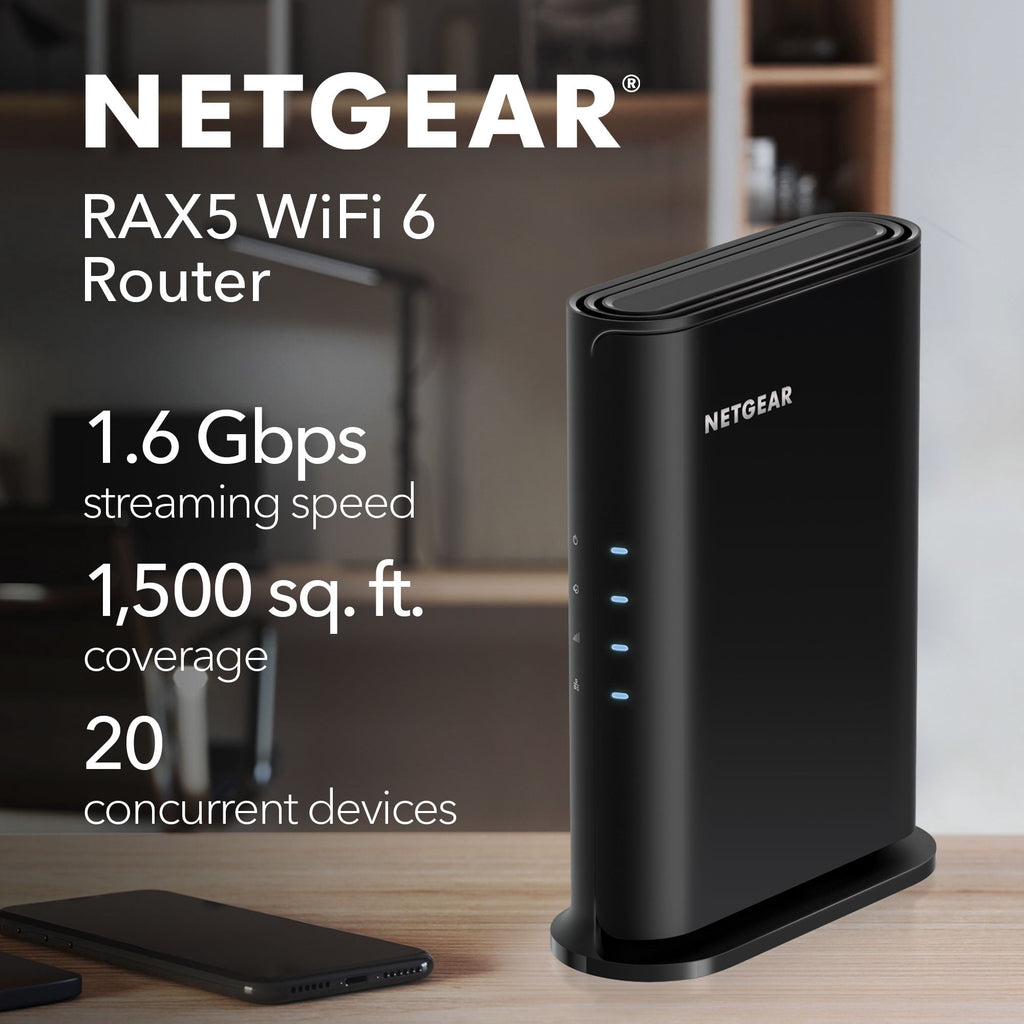 NETGEAR WiFi 6 Router (RAX5) – Security Features, AX1600 Wireless Speed (Up to 1.6 Gbps) - Covers up to 1,500 sq. ft., 20 Devices