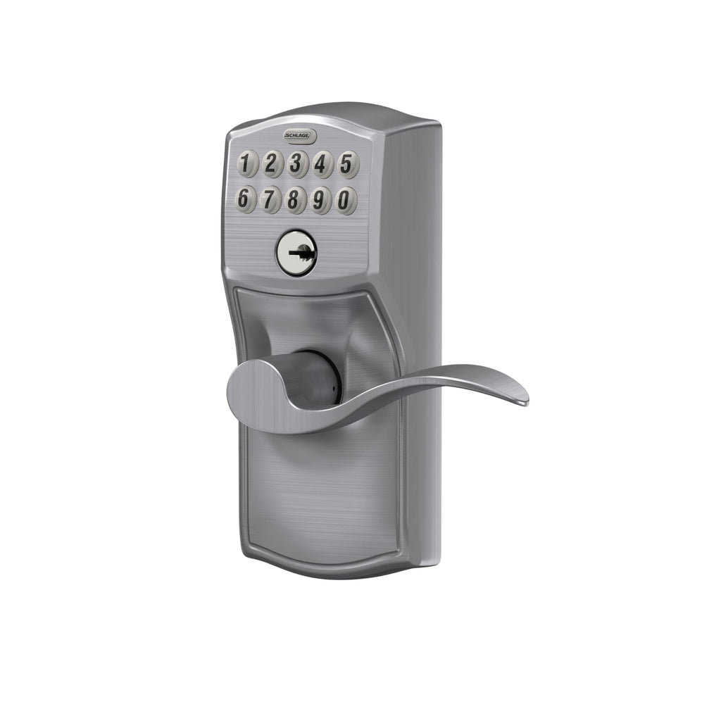 Schlage Electronic Keypad Lock, Lever Handle, Camelot Trim, Satin Chrome