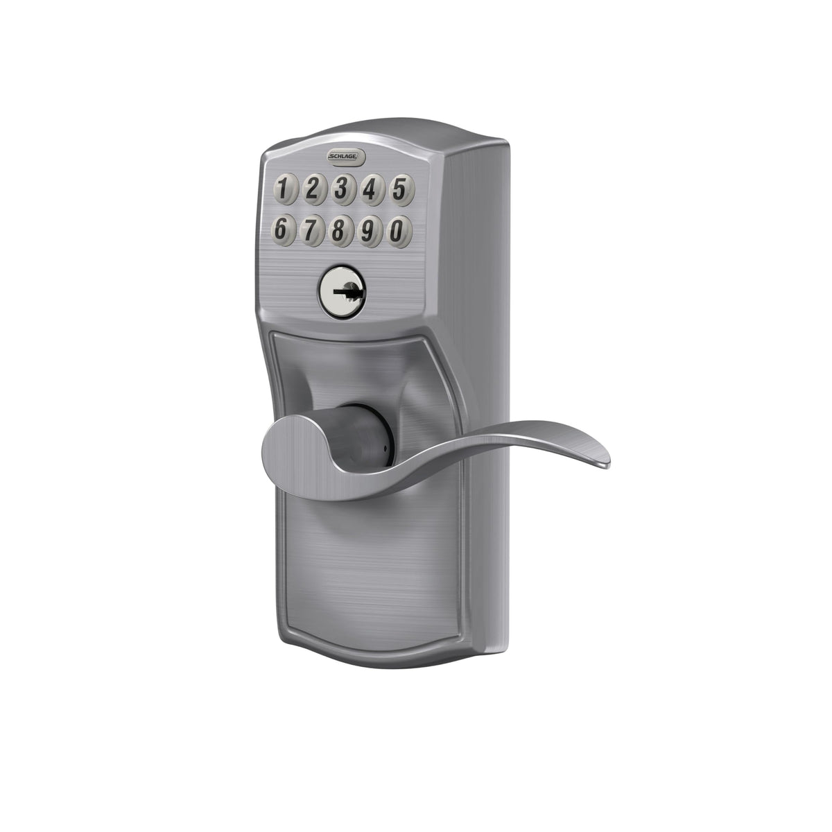 Schlage Electronic Keypad Lock, Lever Handle, Camelot Trim, Satin Chrome
