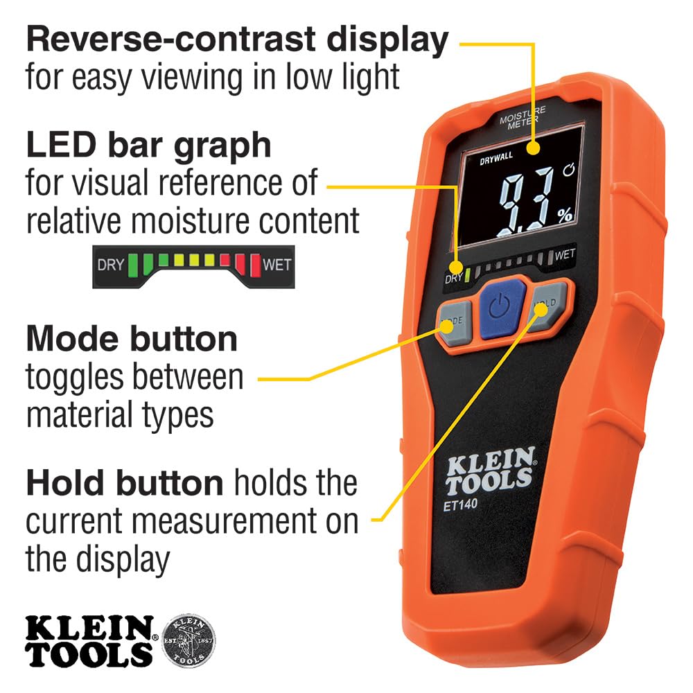 Klein Tools ET140 Pinless Moisture Meter, Detects up to 3/4-Inch Deep