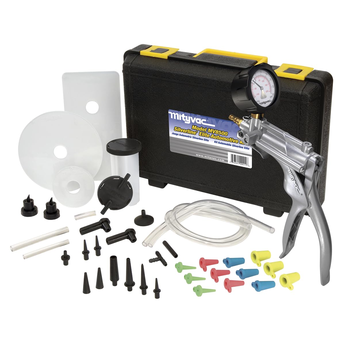 Mityvac MV8500 Silverline Elite Automotive Brake/Clutch Bleeding, Diesel Fuel Priming and Vacuum/Pressure Testing Kit, Ergonomic Design, Zinc