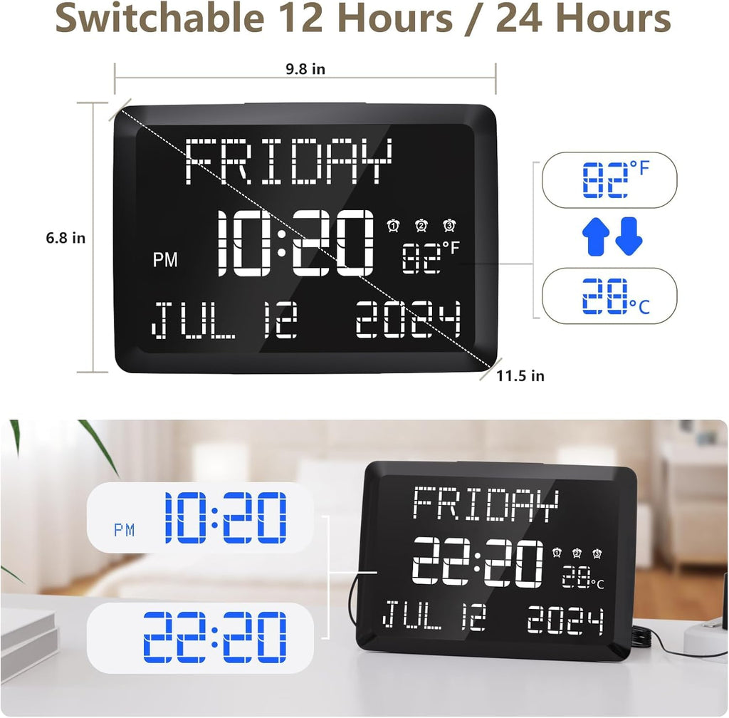 Digital Clock, 11.5" Large Display Calendar Clock with Day and Date, Indoor Temperature, Adjustable Brightness, Snooze,12/24H, DST for Home, Office