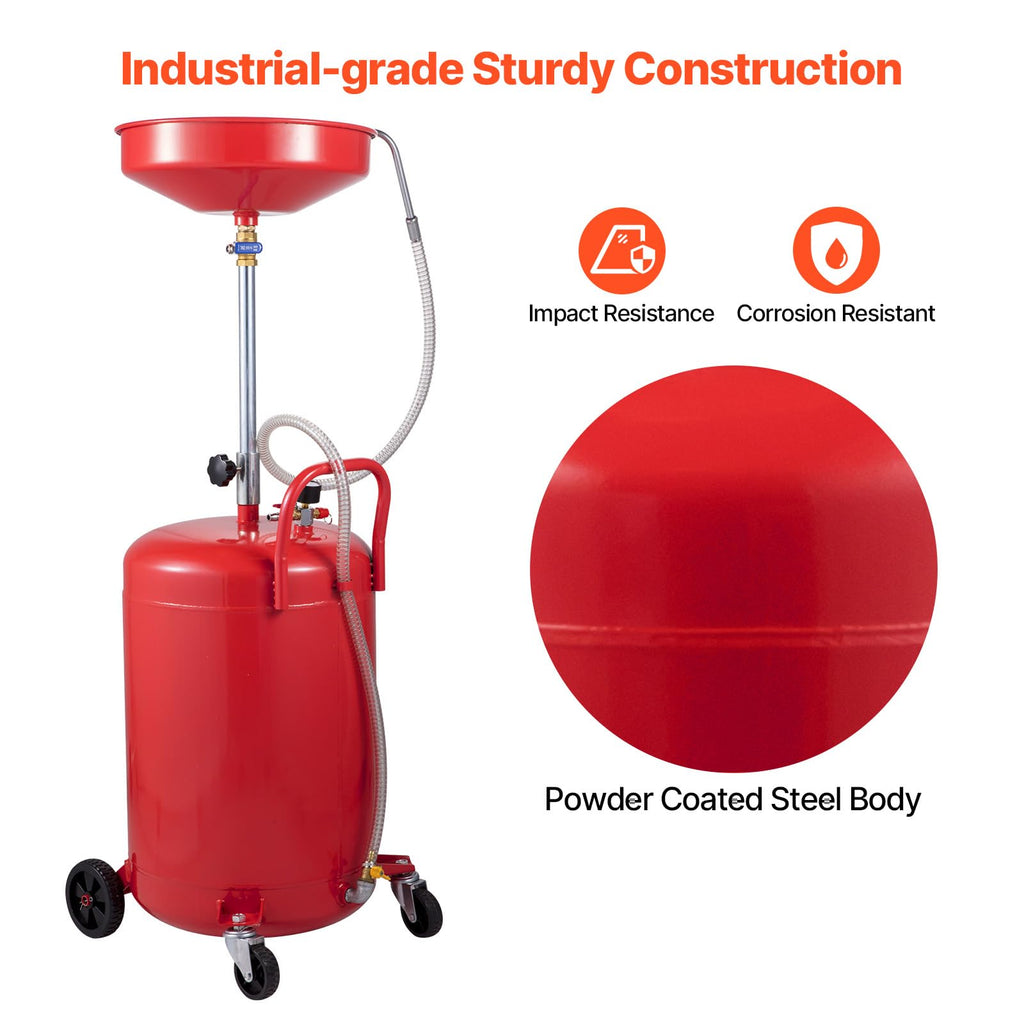 VEVOR 20-Gallon Waste Oil Drain Tank, Air Operated Portable Oil Drainer with Adjustable Funnel Height, Fluid Fuel Transfer Drainage with Wheels, Oil