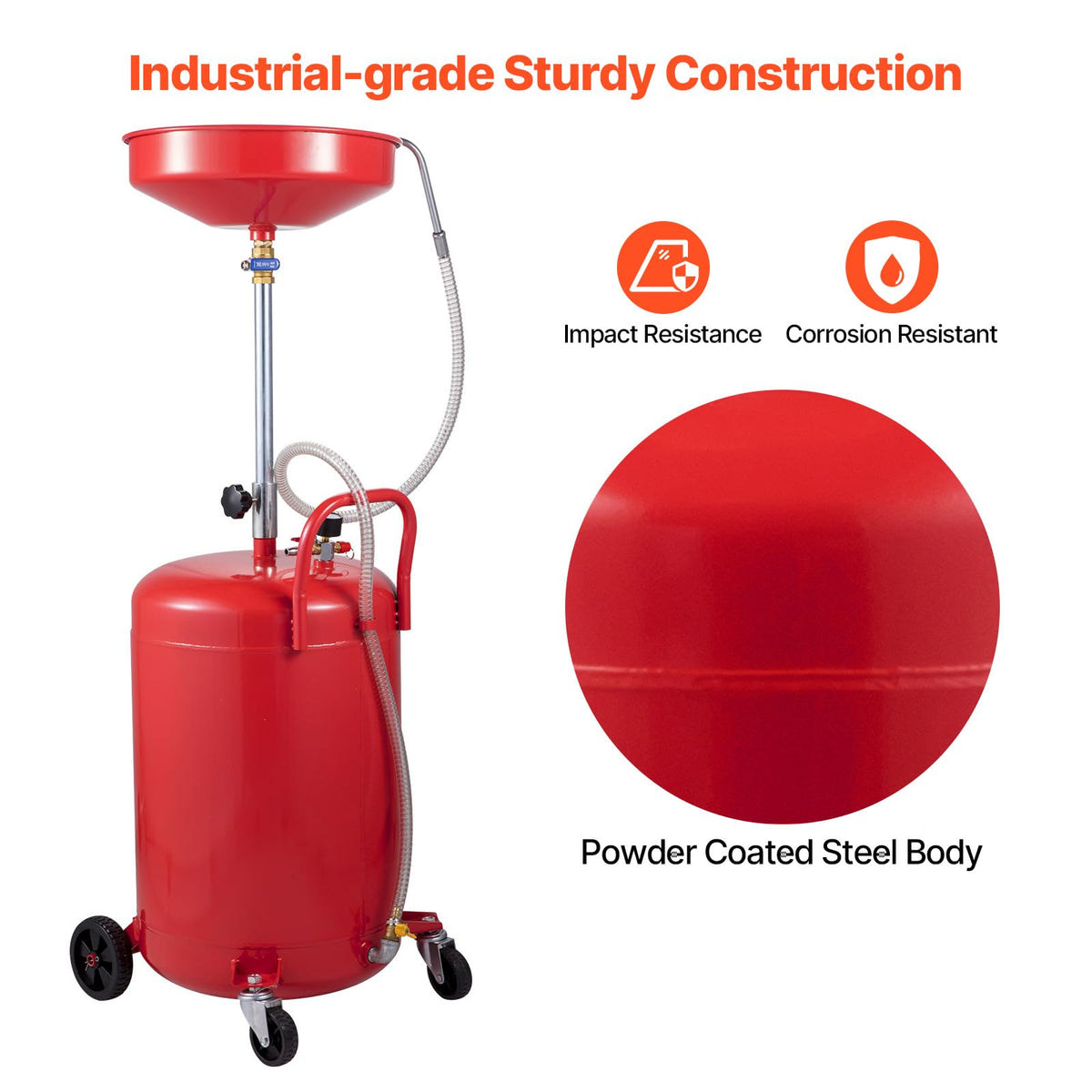 VEVOR 20-Gallon Waste Oil Drain Tank, Air Operated Portable Oil Drainer with Adjustable Funnel Height, Fluid Fuel Transfer Drainage with Wheels, Oil