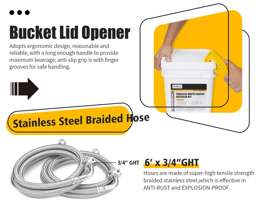 Tankless Water Heater Flushing Kit Includes 1/3HP Stainless Steel Sump Pump with Two Adapters & 3 Gallons Pail with Bucket Lid Opener & Two 1/2” Dia