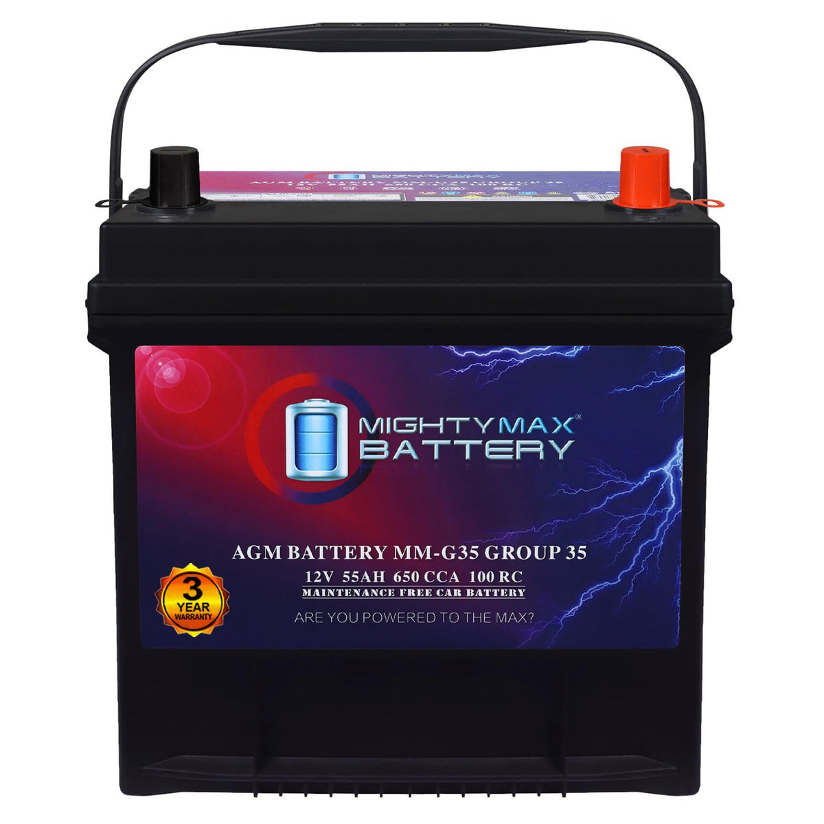 Mighty Max Battery MM-G35 Start and Stop Car BCI Group Size 35 12V 55Ah, 100RC, 650 CCA Rechargeable AGM Car battery