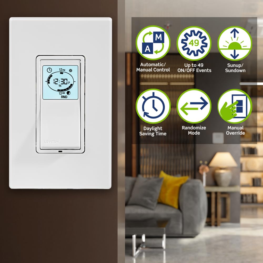 Leviton Decora Programmable and Astronomical Timer Switch for Lights and Motor Loads, Neutral Wire Required, Single Pole or 3-Way, VPT24-1PZ, White