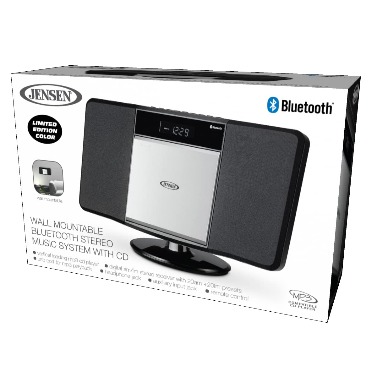 Jensen® JBS-300 Home Bluetooth Stereo Shelf Music System Speakers with MP3 CD Player Wall Mountable Digital AM-FM Radio, USB Port - Remote Included