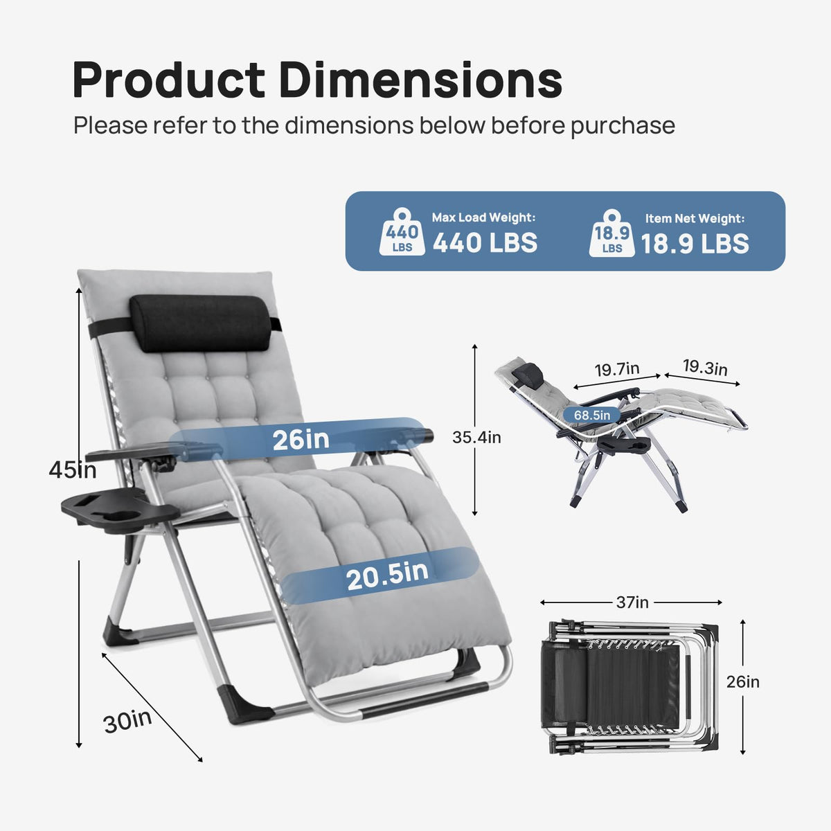 DUMOS Zero Gravity Chair, Lounge Chair Outdoor with Cup Holder