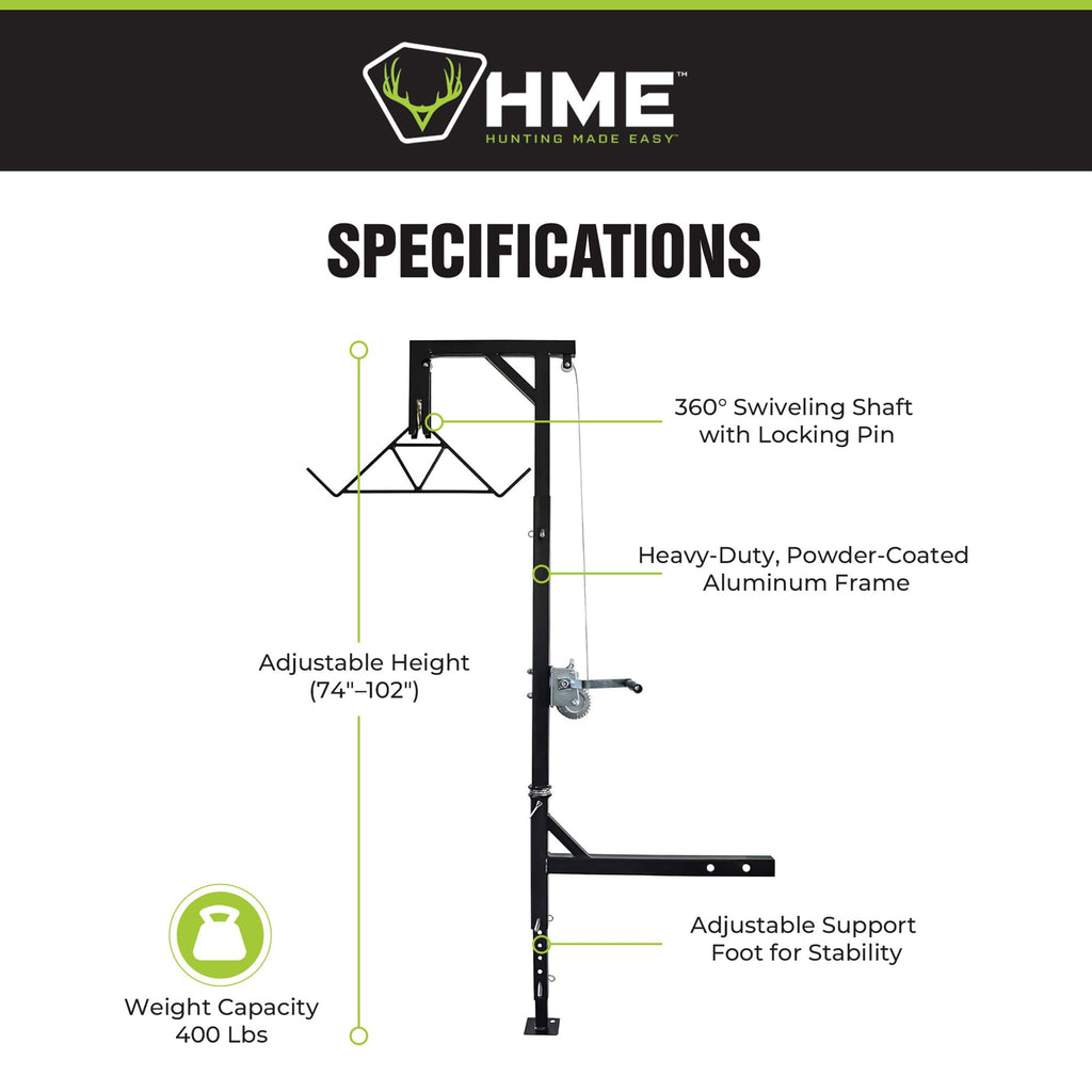 HME Truck Hitch Game Hoist Kit with Winch and Gambrel, 400 lb Capacity