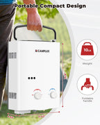 CAMPLUX 5L Portable Tankless Water Heater, 1.32 GPM Outdoor Propane Shower for Camping, RV, Off-Grid, Instant Hot Water with Folding Handle, Overheat