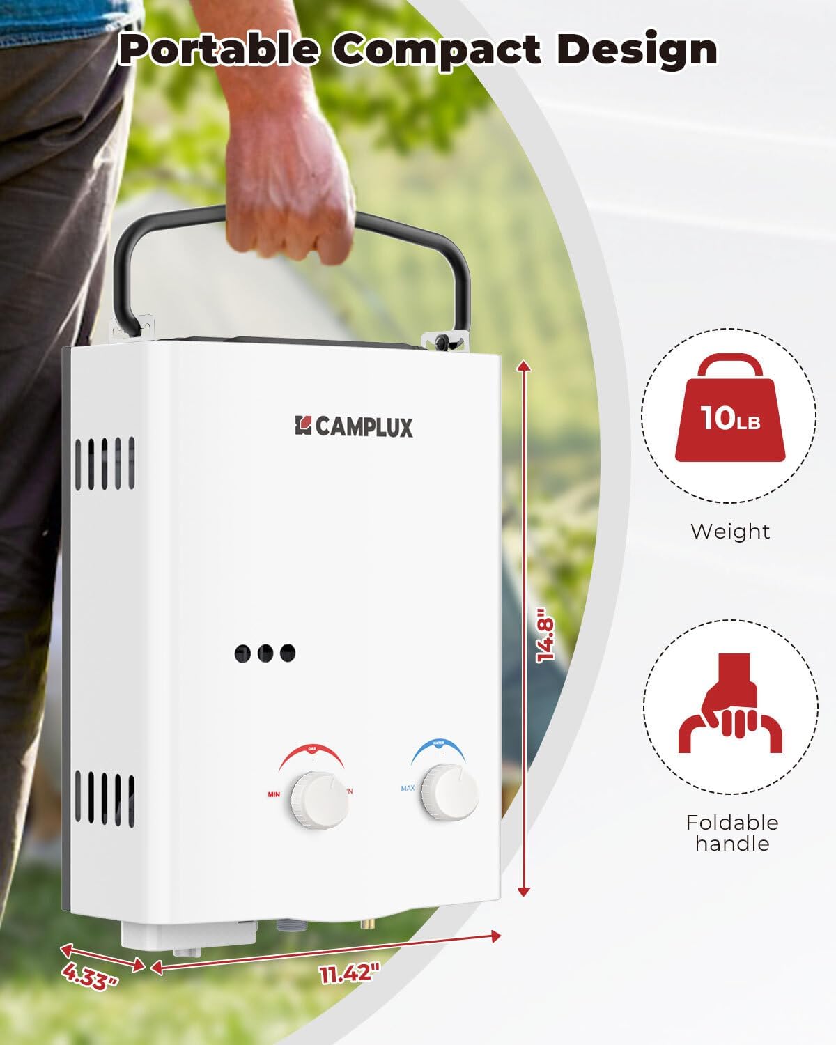 CAMPLUX 5L Portable Tankless Water Heater, 1.32 GPM Outdoor Propane Shower for Camping, RV, Off-Grid, Instant Hot Water with Folding Handle, Overheat