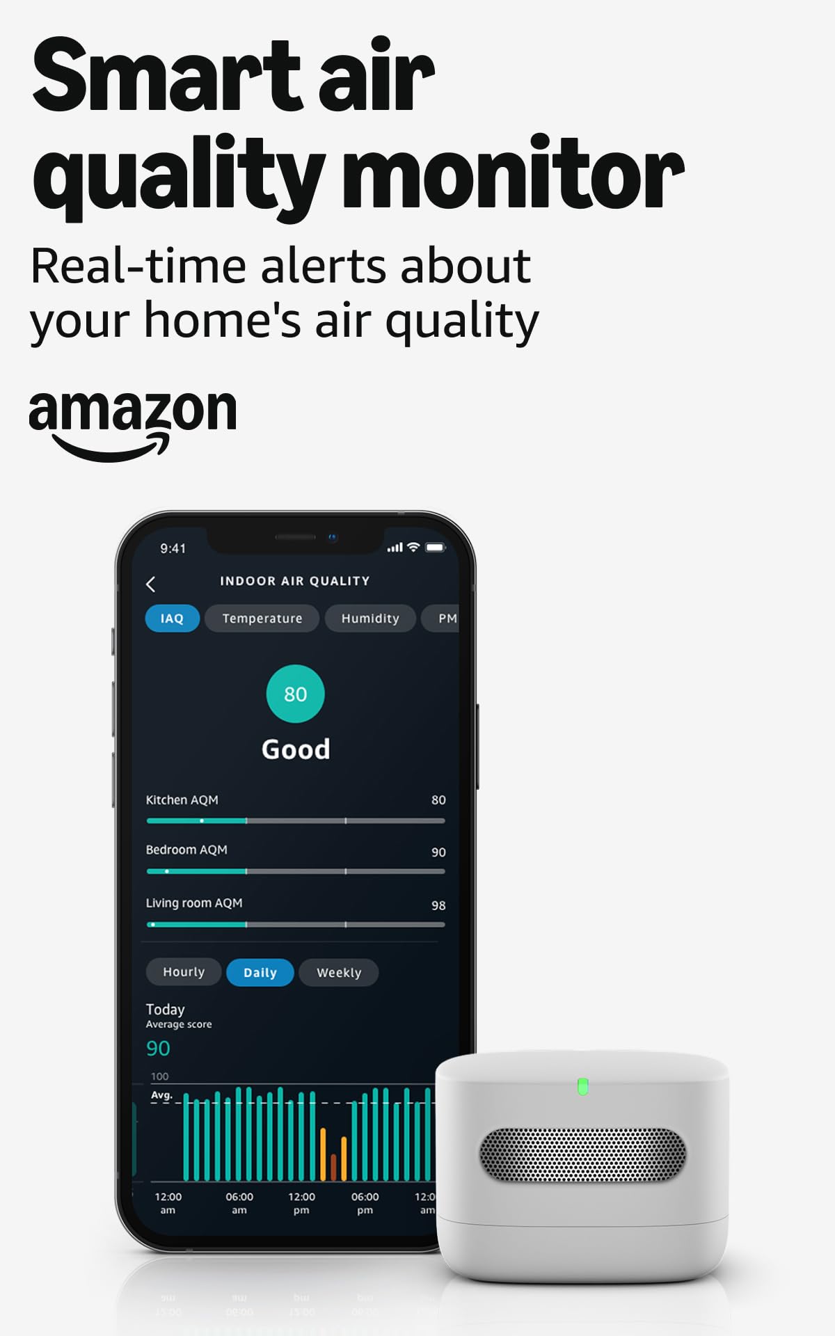 Smart Air Quality Monitor, Detects temperature, humidity, carbon monoxide, PM2.5 and VOCs, Get notifications when air quality drops, Works with Alexa