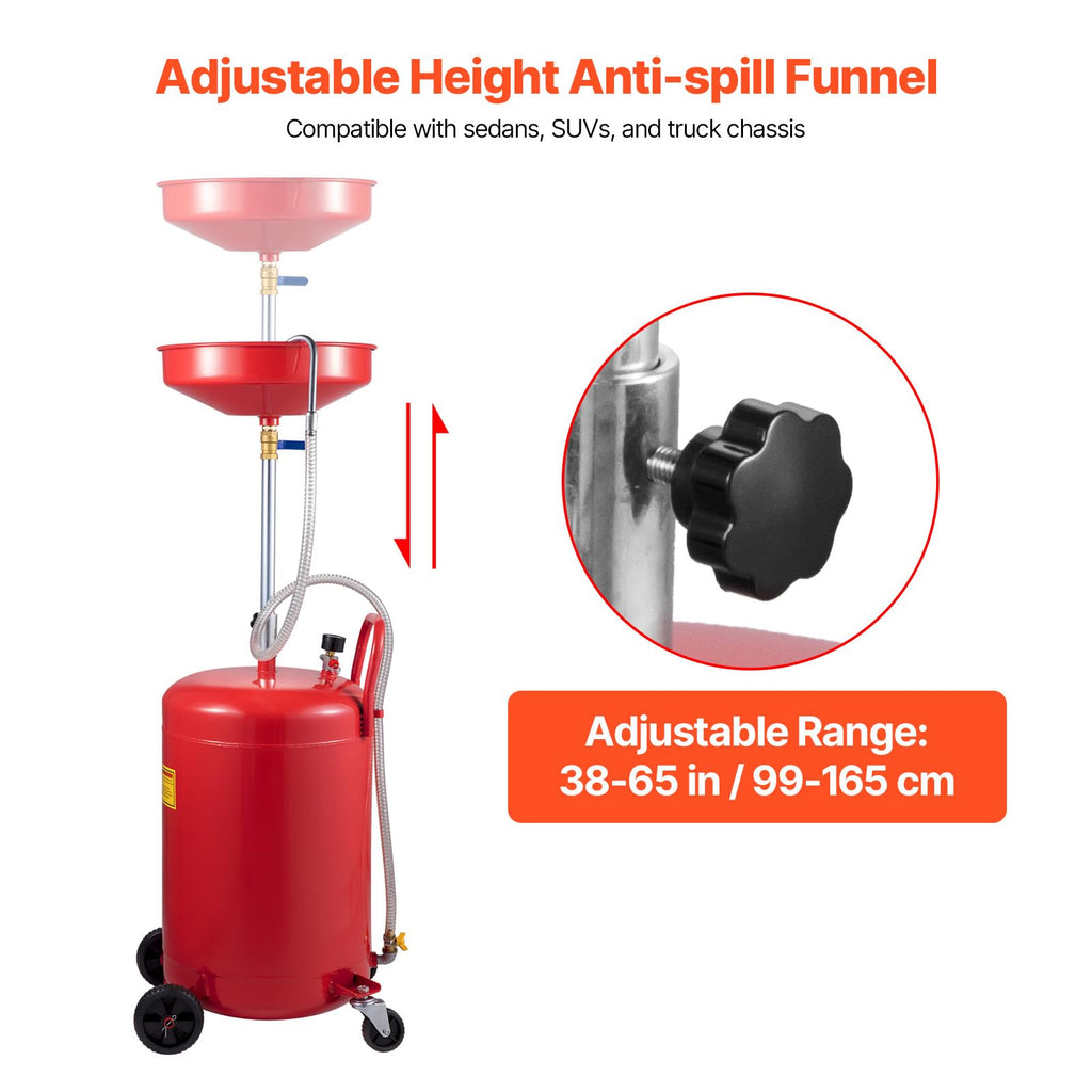 VEVOR 20-Gallon Waste Oil Drain Tank, Air Operated Portable Oil Drainer with Adjustable Funnel Height, Fluid Fuel Transfer Drainage with Wheels, Oil