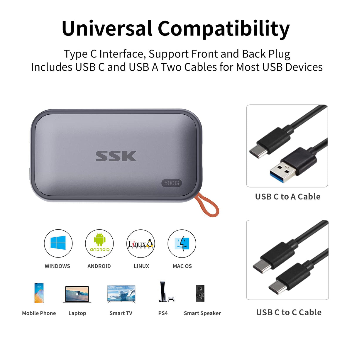 SSK Portable SSD 500GB External Solid State Hard Drive USB C Up to 1050MB/s