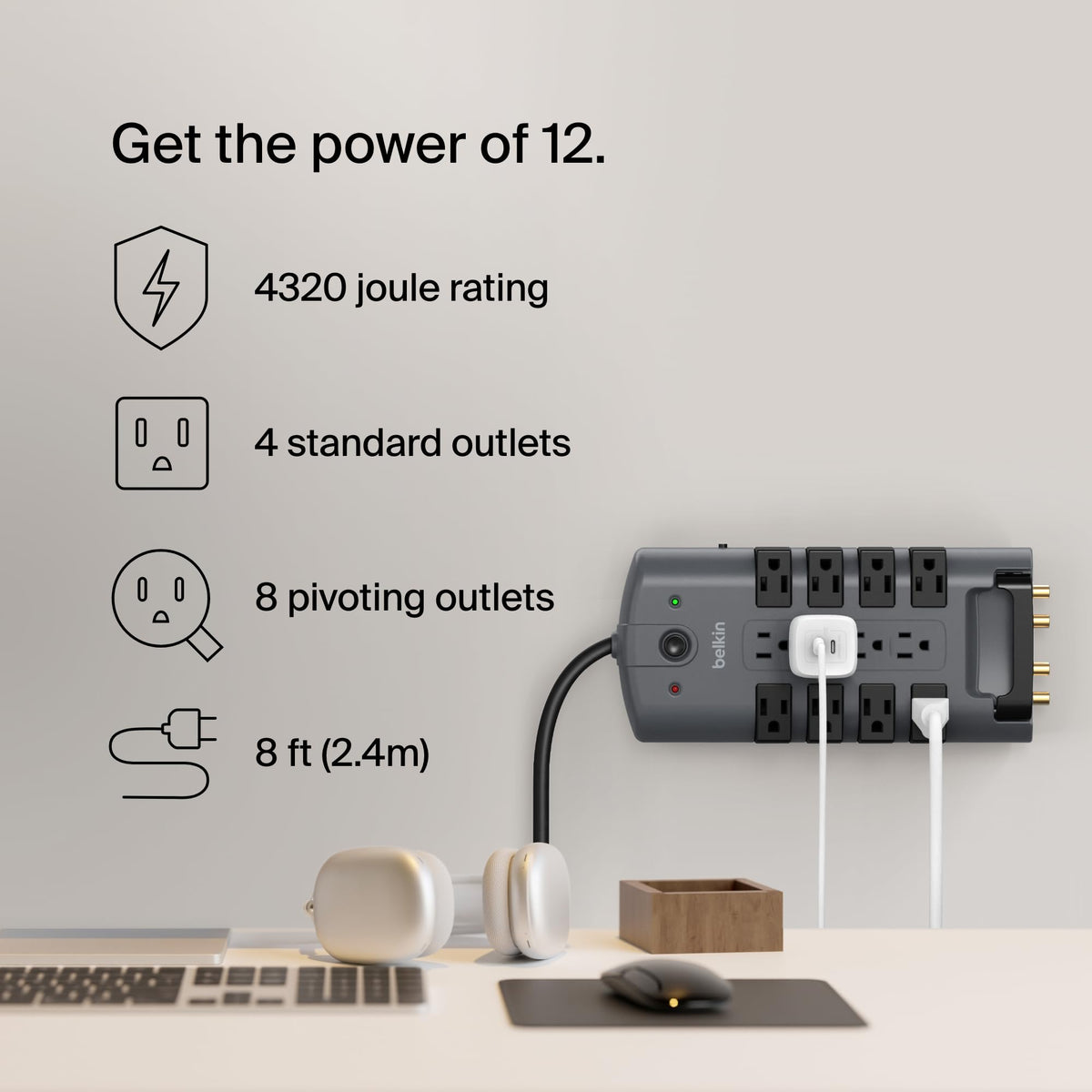 Belkin Surge Protector Power Strip w/ 8 Rotating & 4 Standard Outlets - 8ft Sturdy Extension Cord w/Flat Pivot Plug for Home, Office, Travel, Desktop