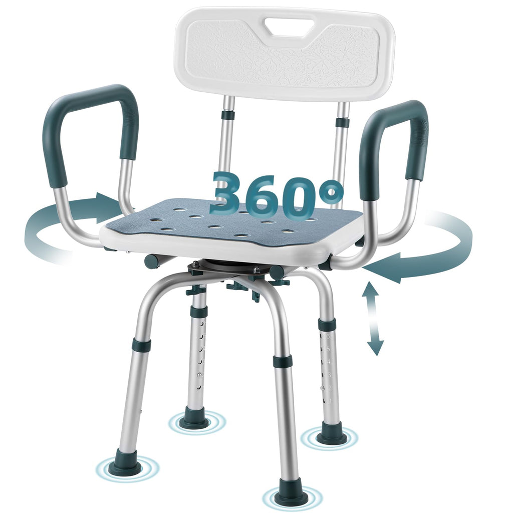 Swivel Shower Chair with Arms and Back, Heavy Duty Shower Seat for Inside Shower Stall and Bathtub, Height Adjustable Safety Bath Seat for Elderly