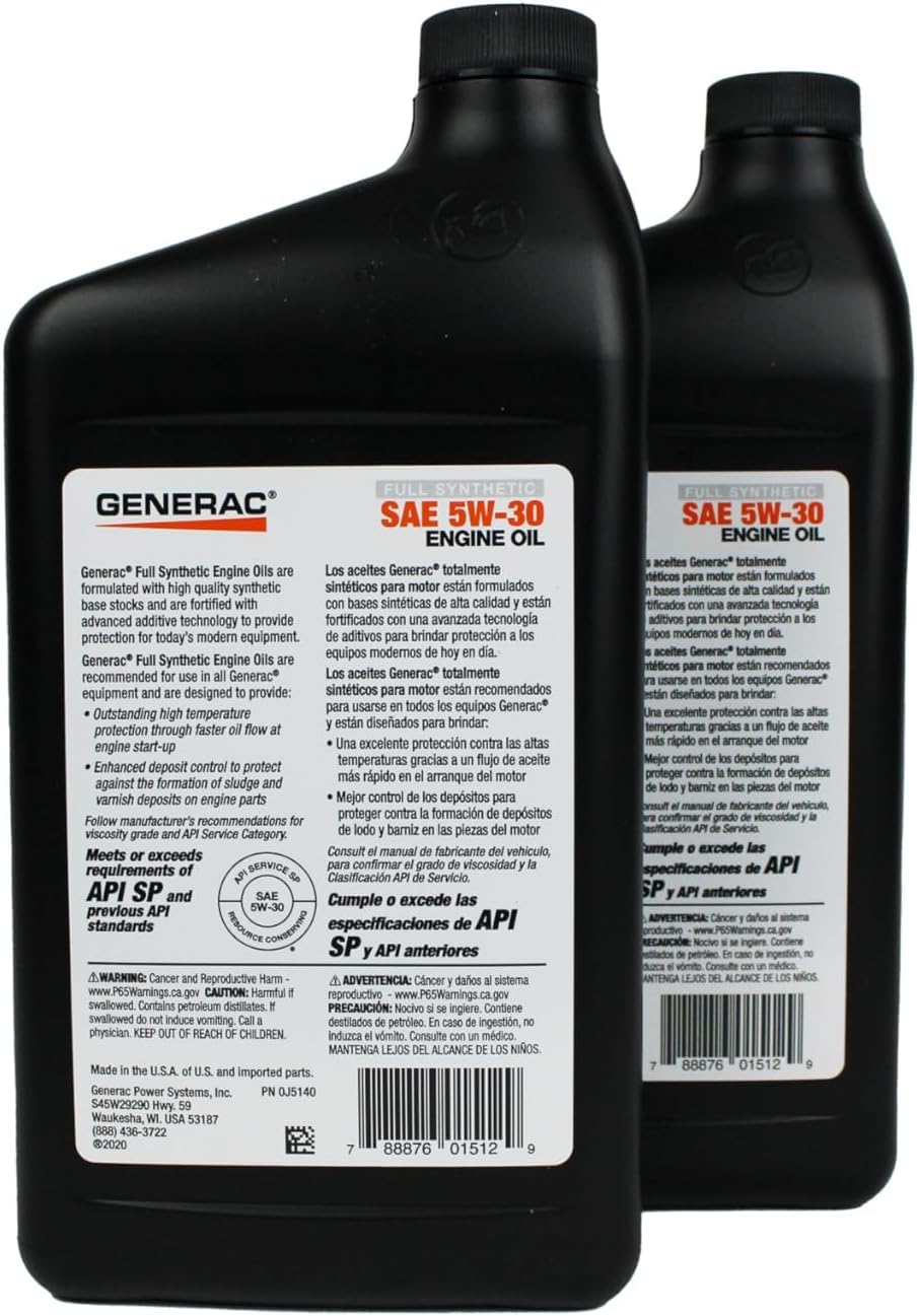 Generac 5W-30 Full Synthetic Oil Change Kit 2 Quarts oil and Filter