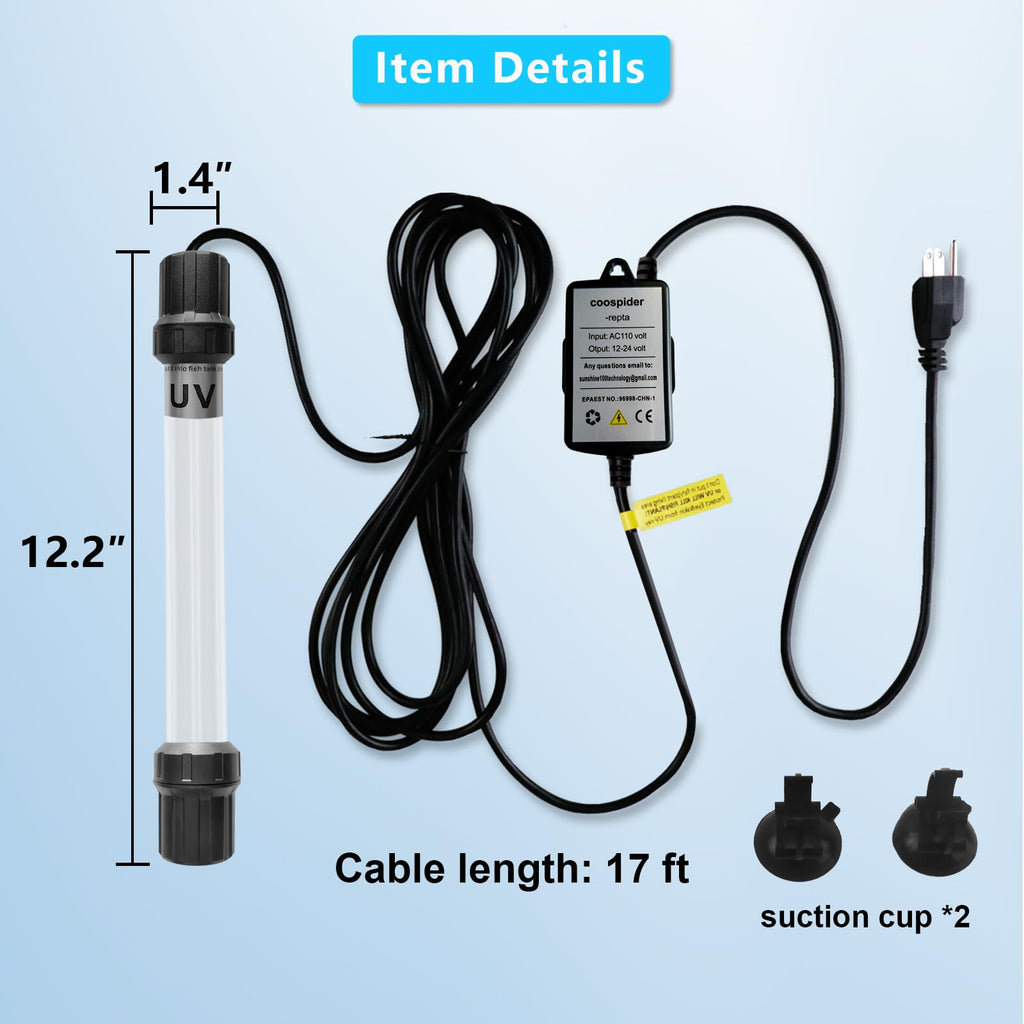 18W Aquarium UV Light for 100-1000 Gallon, UV Pond Water Clarifier for Koi Pond, Swimming Pool, Spa, Large Fish Tank, Cold Plunge UV Light for Pond