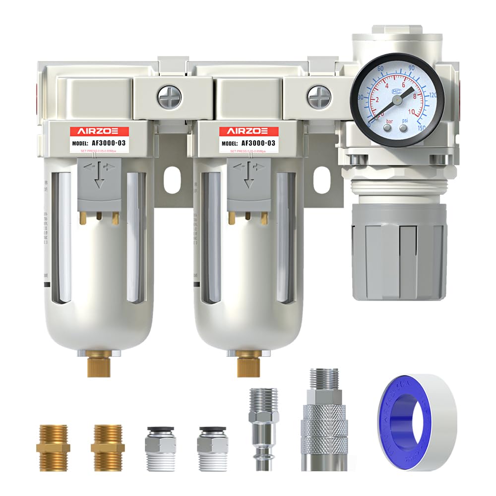 3/8" NPT Air Dryer for Compressor-Air Compressor Water Separator AC3110-03,Double Air Compressor Filter,Air Pressure Regulator Combo,5 Micron Brass