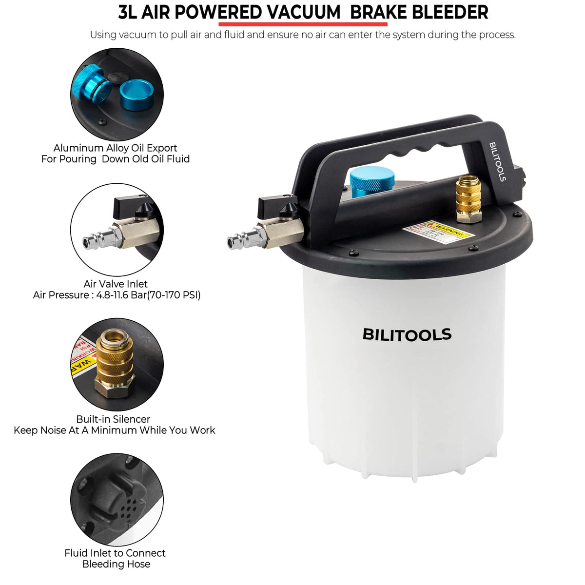 BILITOOLS 3L Universal Brake Bleeder Kit, Vacuum Brake Fluid Bleeding Tool