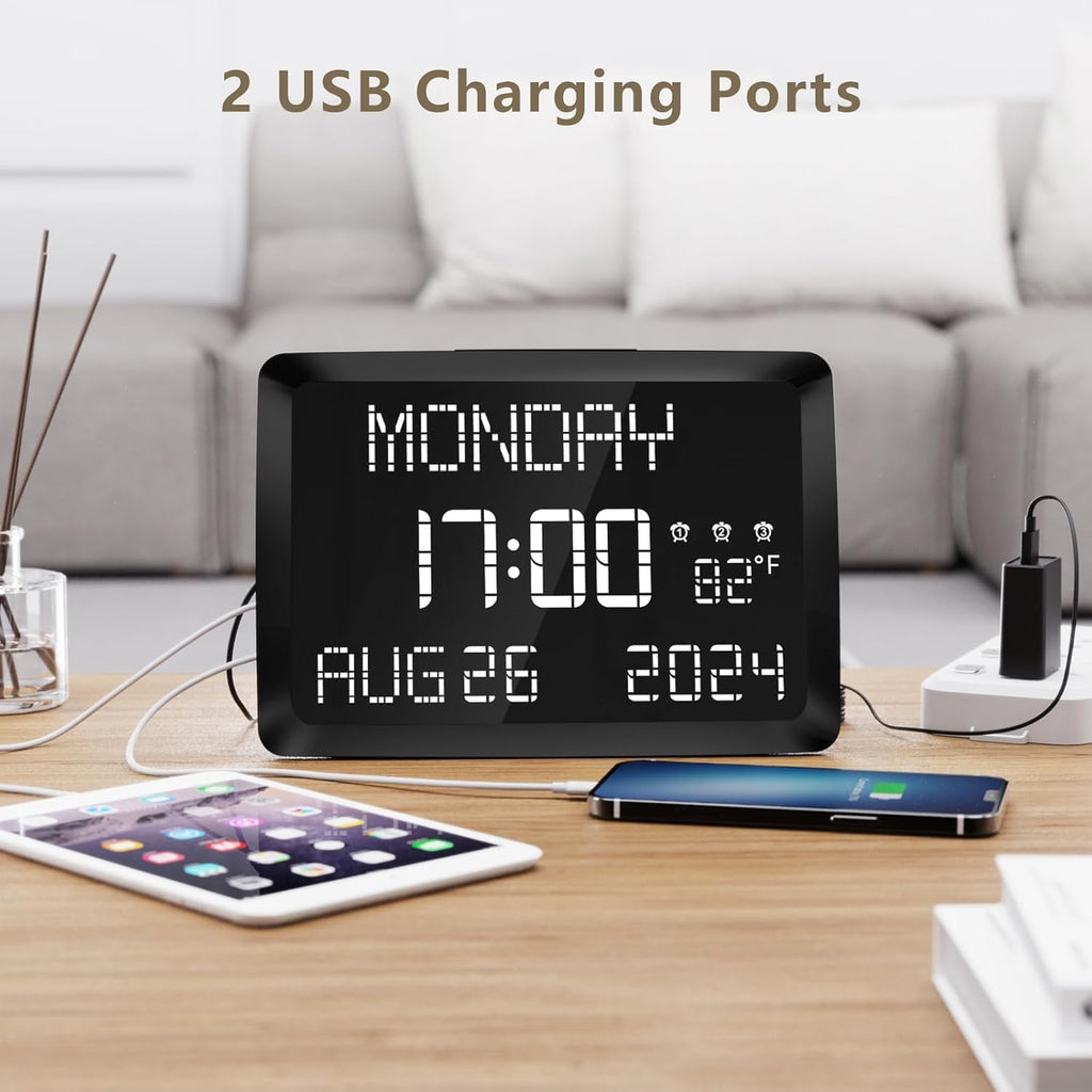 Digital Clock, 11.5" Large Display Calendar Clock with Day and Date, Indoor Temperature, Adjustable Brightness, Snooze,12/24H, DST for Home, Office