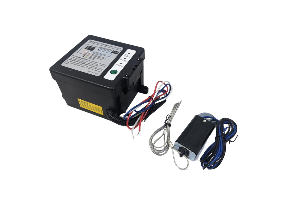 Side Load Trailer Breakaway Kit with Battery, Breakaway Switch, Breakaway Cable, Battery Box, Built in Charger, LED Charge Indicator and Wiring.