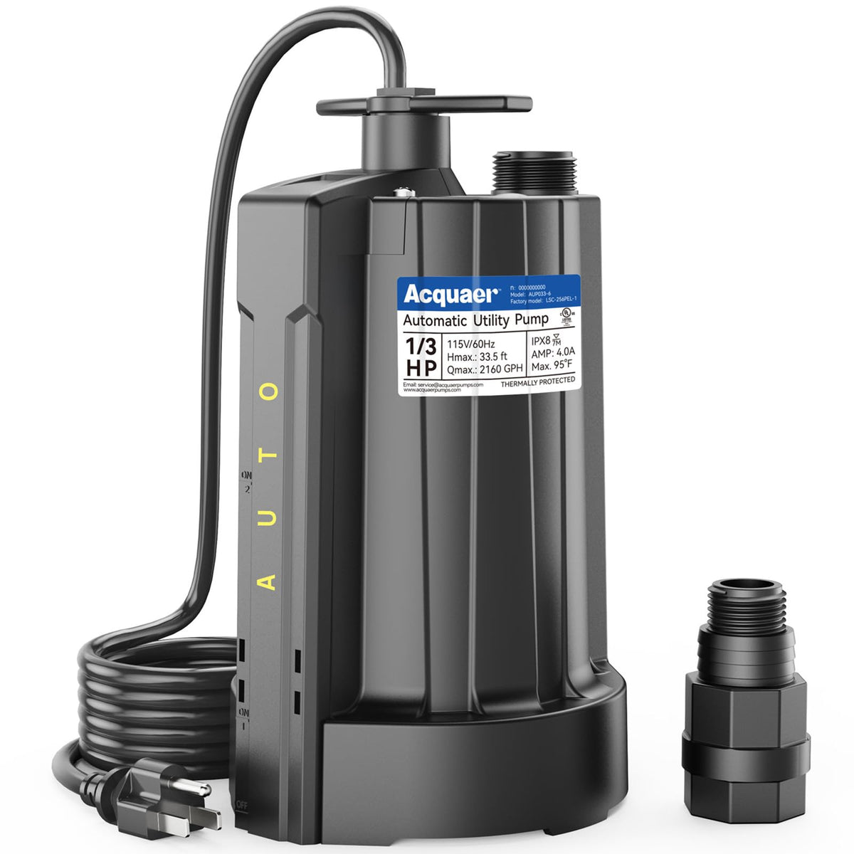 1/3 HP Automatic Submersible Water Pump, 2160 GPH Sump Pump, 115V