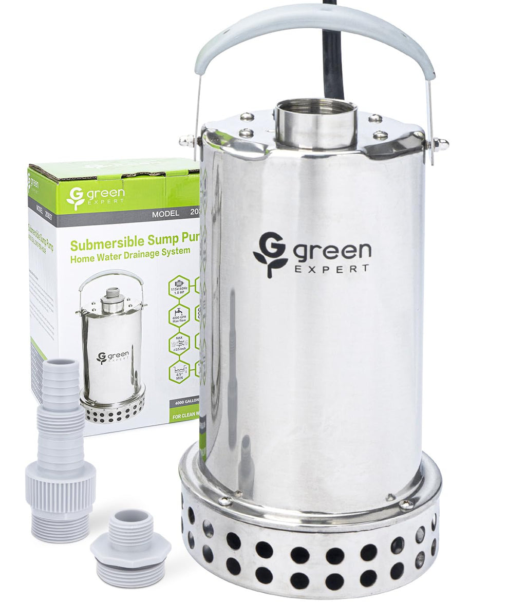 Green Expert 1HP Submersible Sump Pump, 4000GPH Full 304 Stainless Steel Manual Utility Pump with Adapter Kit, Oil-Free Top Discharge Water Removal
