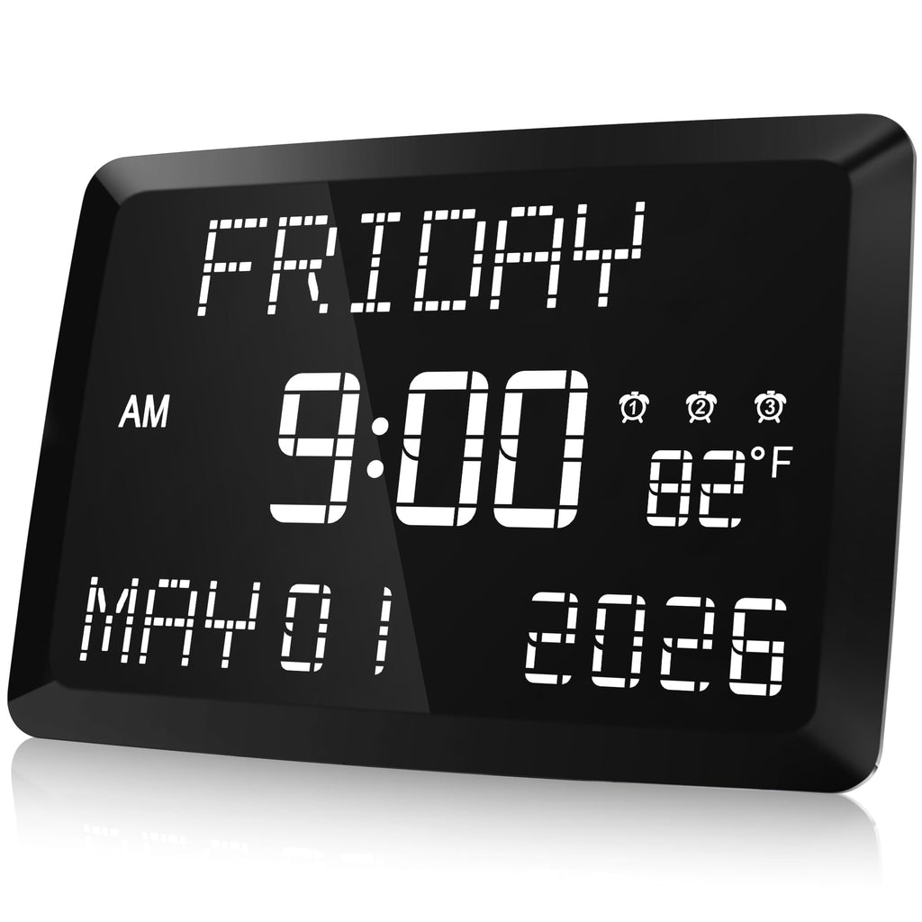 Digital Clock, 11.5" Large Display Calendar Clock with Day and Date, Indoor Temperature, Adjustable Brightness, Snooze,12/24H, DST for Home, Office
