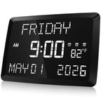 Digital Clock, 11.5" Large Display Calendar Clock with Day and Date, Indoor Temperature, Adjustable Brightness, Snooze,12/24H, DST for Home, Office