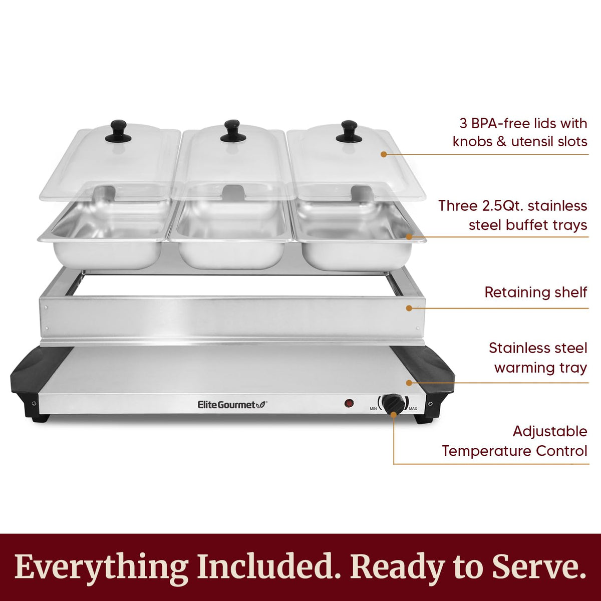 Elite Gourmet 7.5 Qt Triple Buffet Server & Food Warmer, 3 x 2.5 Qt Trays