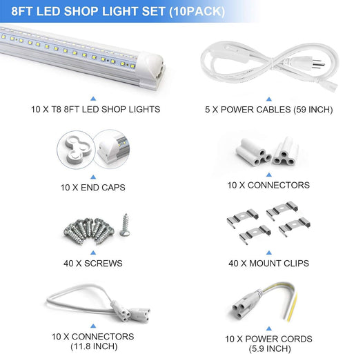 10-Pack 8ft LED Shop Light Fixture - 90W T8 Integrated LED Tube Light - 6500K 12000LM V-Shape Linkable - High Output - Clear Cover - Plug and Play