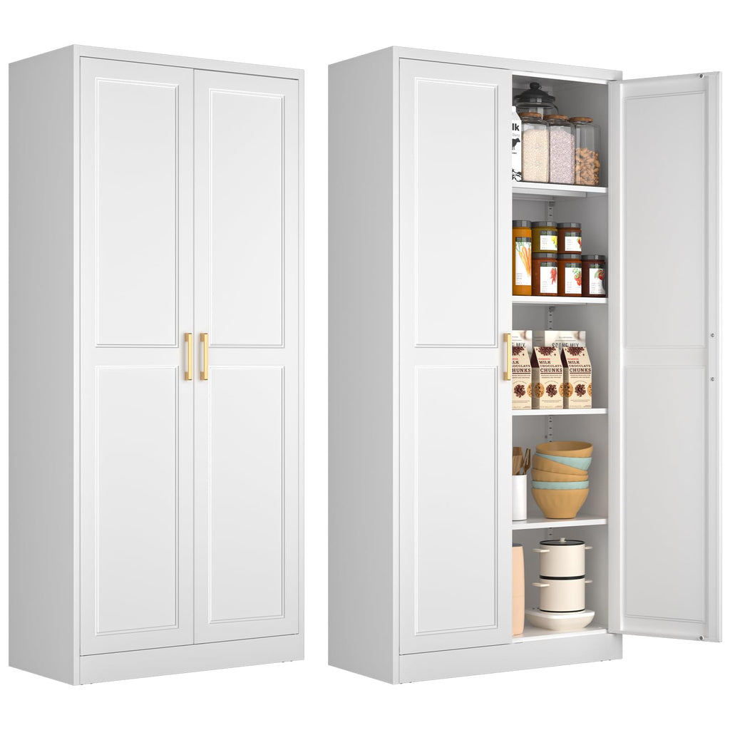 71" White Metal Kitchen Pantry Storage Cabinet with Doors and Shelves