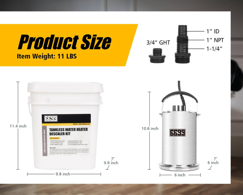 Tankless Water Heater Flushing Kit Includes 1/3HP Stainless Steel Sump Pump with Two Adapters & 3 Gallons Pail with Bucket Lid Opener & Two 1/2” Dia