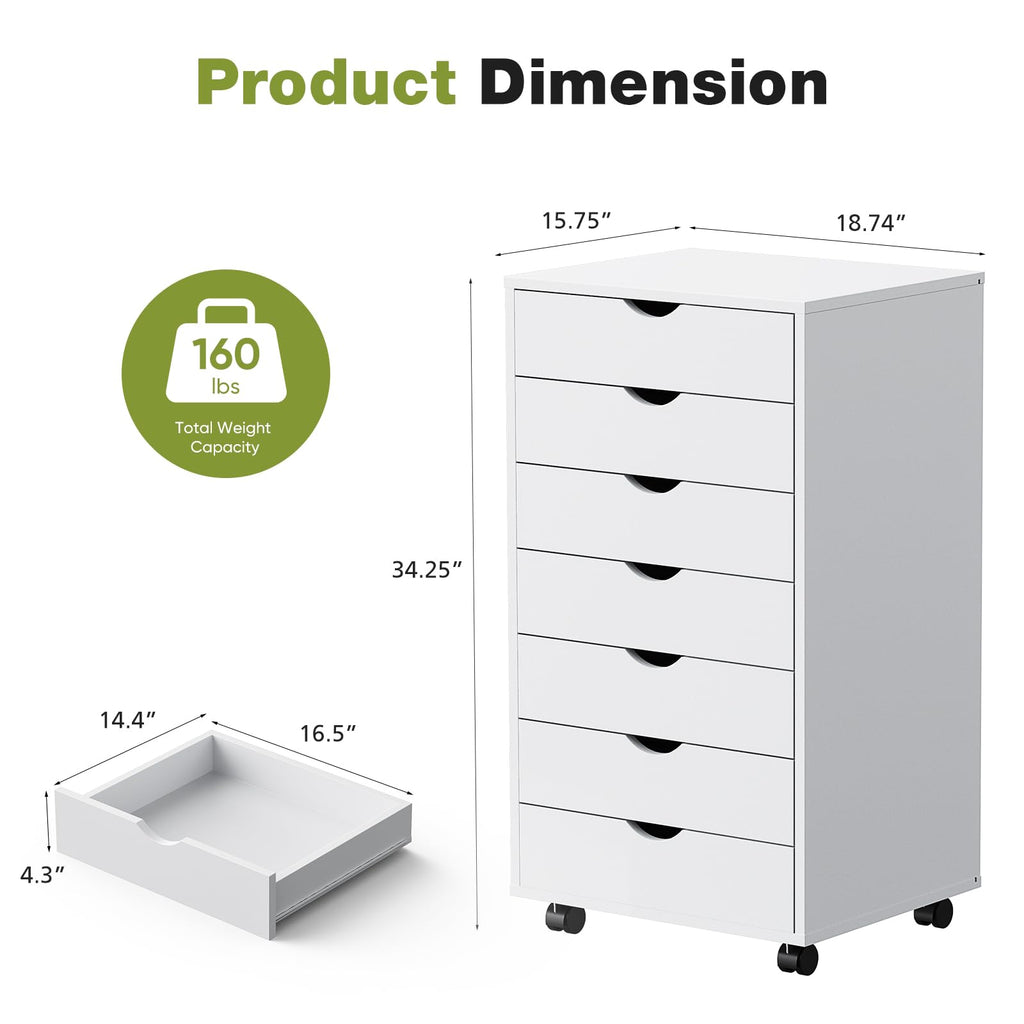 Sweetcrispy 7 Drawer Rolling Storage Cabinet with Wheels, Wood Organizer