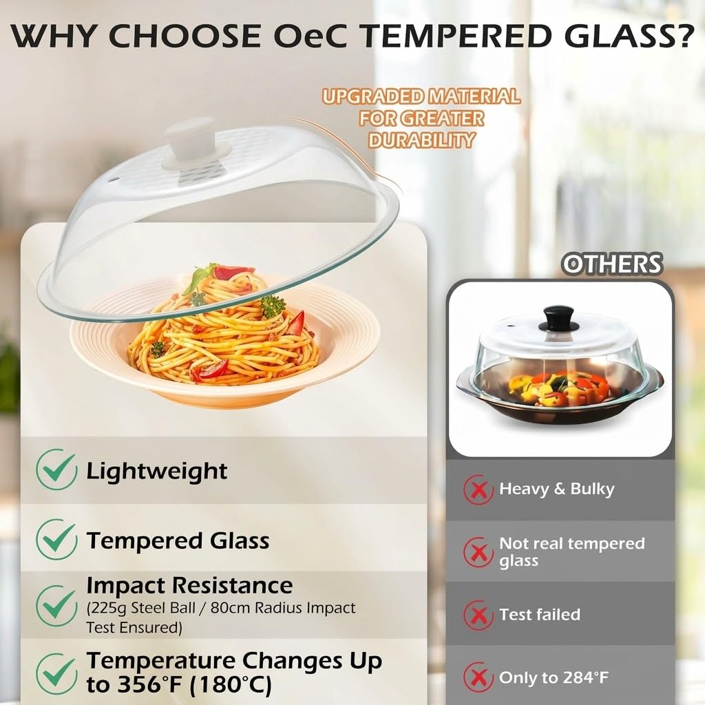 OeC 11.5 inch - Lighter Weight Tempered Glass Microwave Splatter Food Cover